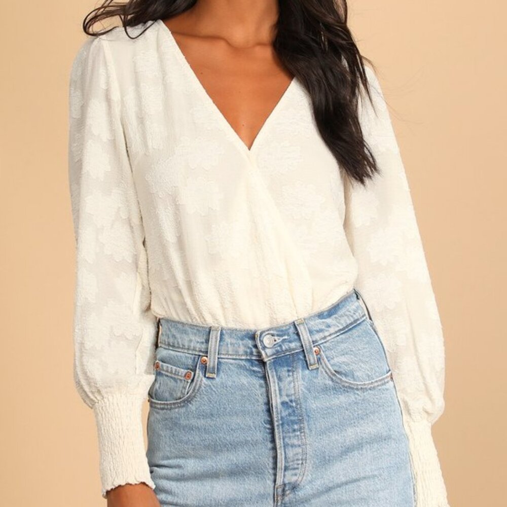 Lulus Pure Sweetness Ivory Floral Jacquard Long Sleeve Bodysuit White - Size S